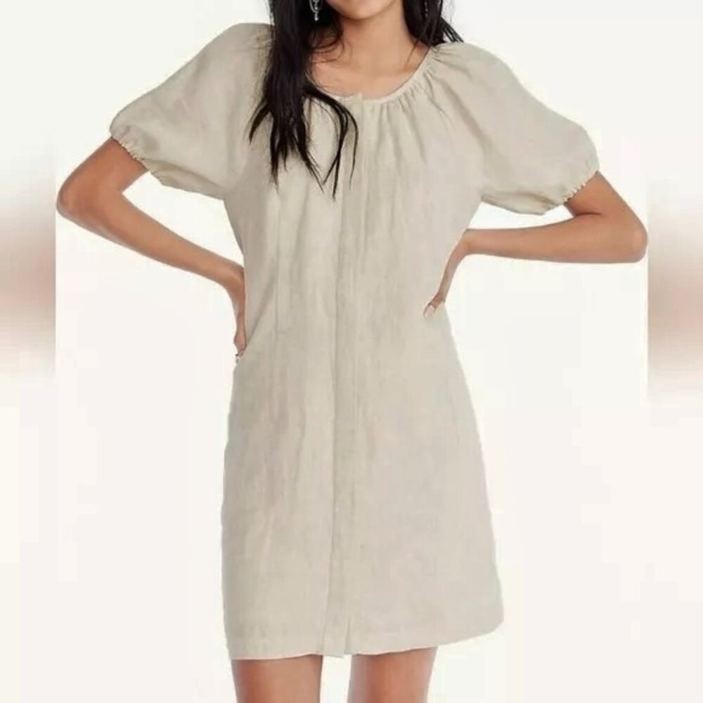 NEW J Crew Puff Sleeve V-back linen shirtdress dress NWT 12 Flax Neutral Sheath